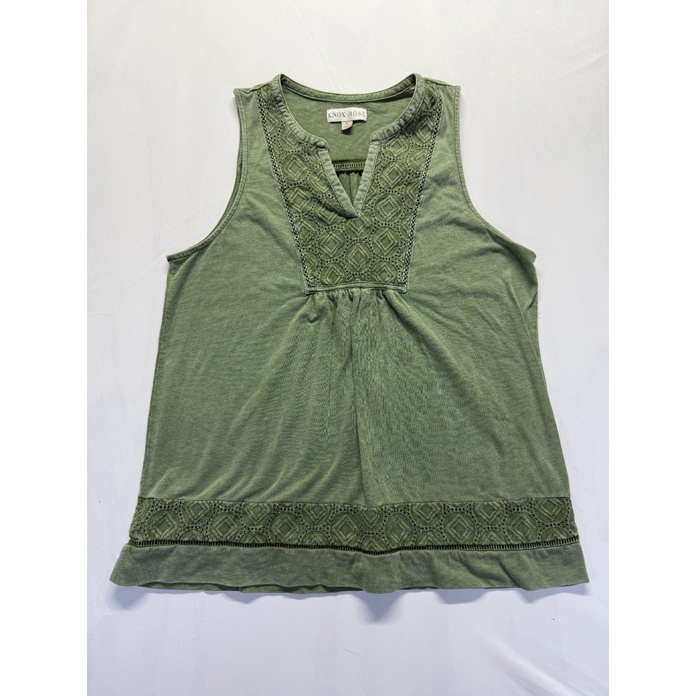 Knox Rose Tank Top Women 1 Olive Green V Neck Crochet Lace Detail Pleated Casual